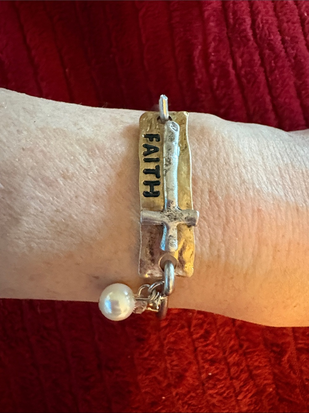 Silver Cross Faith Charm Bracelet with Pearl and Crystal Accents